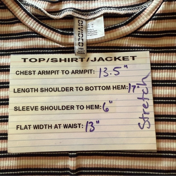 H&M Ribbed Baby Tee Jr Size Medium 90s Y2K Vibe Pink Black White Stripe Top Crew - Picture 4 of 10